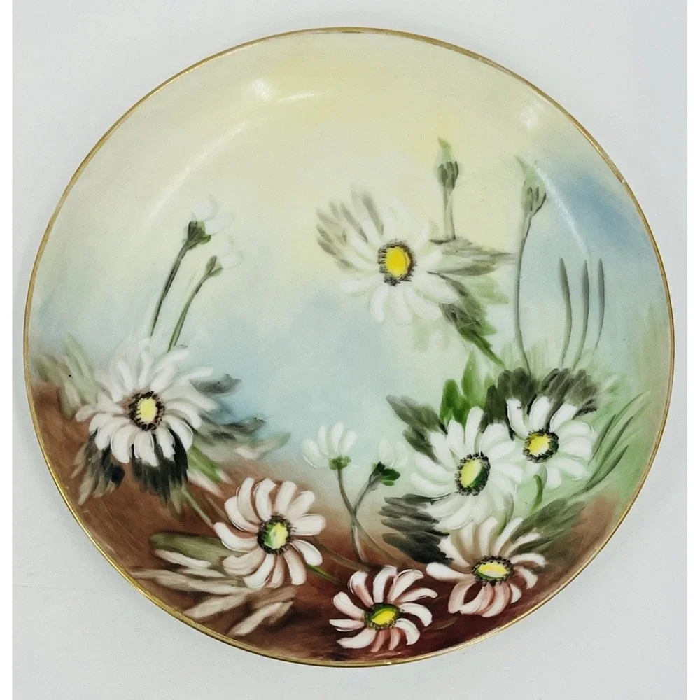 Vintage KPM Hand Painted Porcelain Floral Plate Daisies Gold Rim